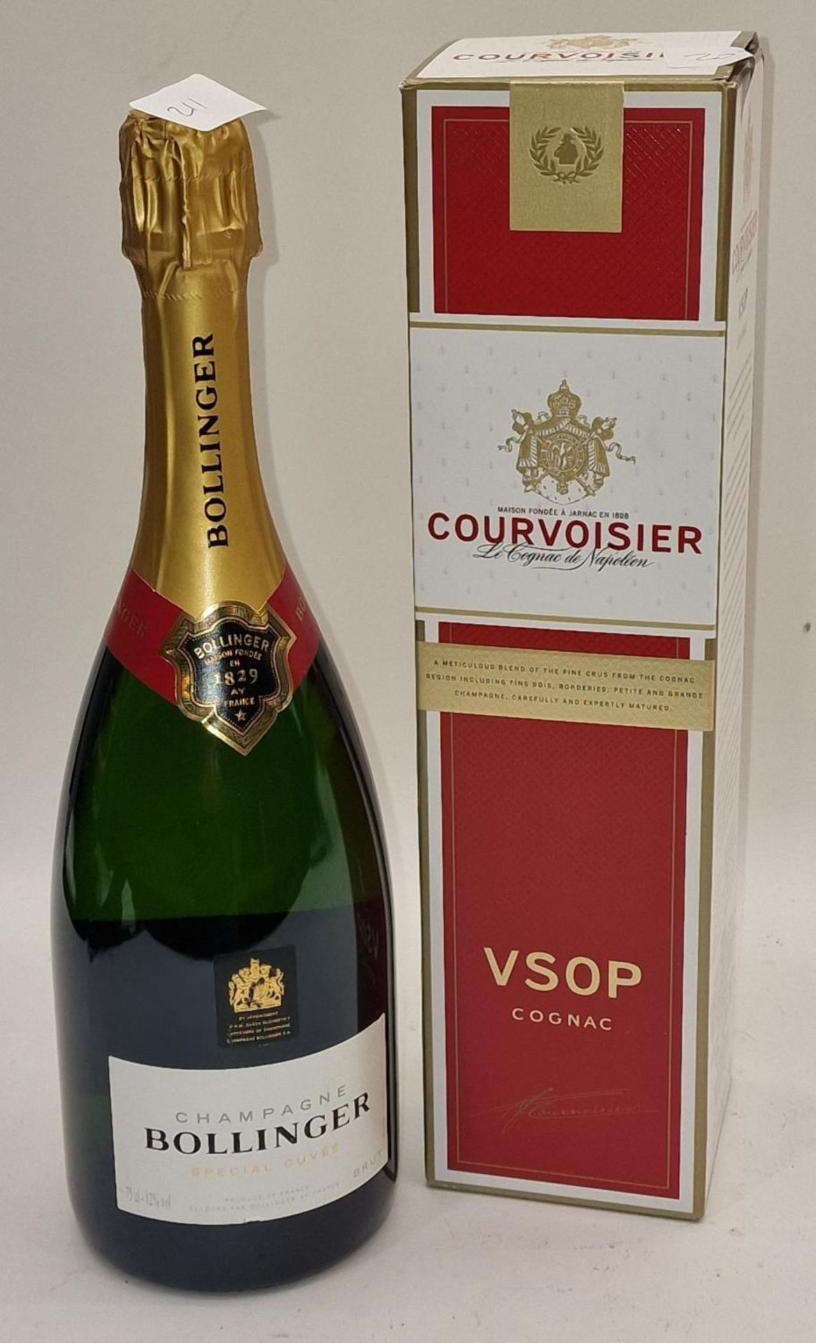 2 x bottles alcohol boxed Courvoisier VSOP cognac, Bollinger champagne ref 205, 21