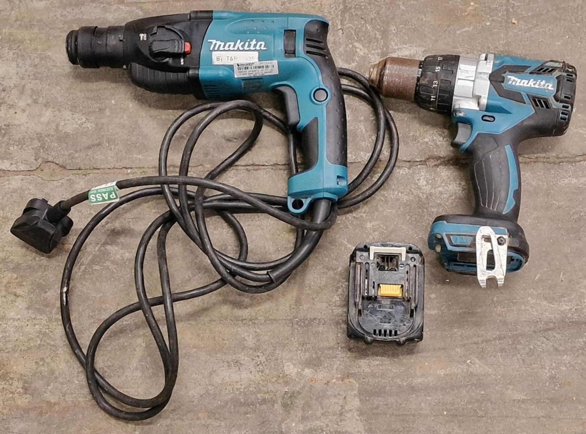 Makita cordless drill with battery together with a corded Makita drill (REF 32).