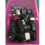 Tray of various cameras and accessories. Here we find makes to include - Olympus - Cannon -