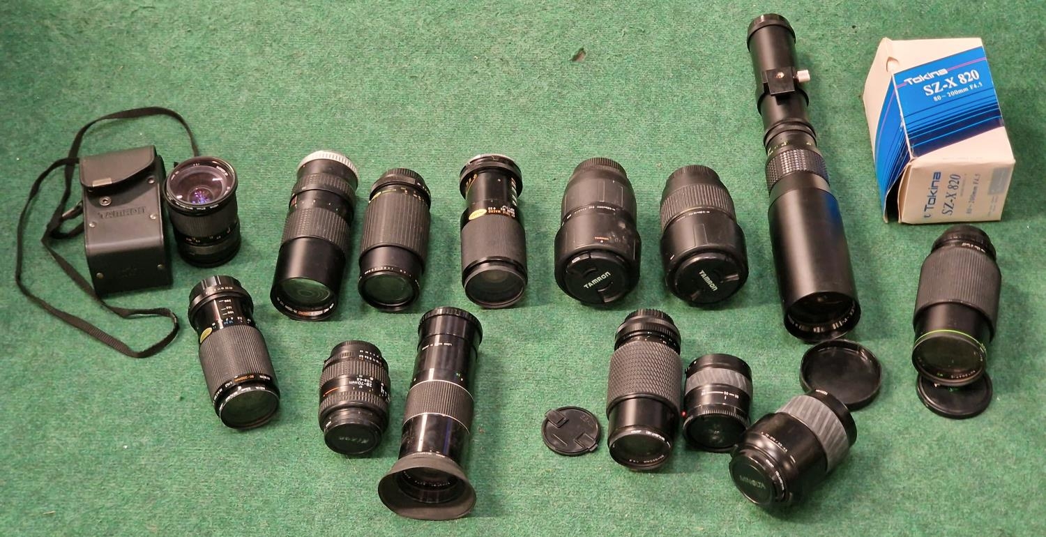Box of various camera lenses by makes - Minolta - Makinon - Tampon - Nikon - Hoya etc. a total of 15