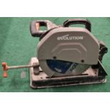 Evolution Multi Material chop saw model No.R355. Has a 14” blade and powers up when plugged in.