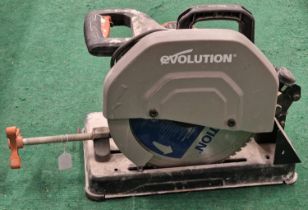 Evolution Multi Material chop saw model No.R355. Has a 14” blade and powers up when plugged in.
