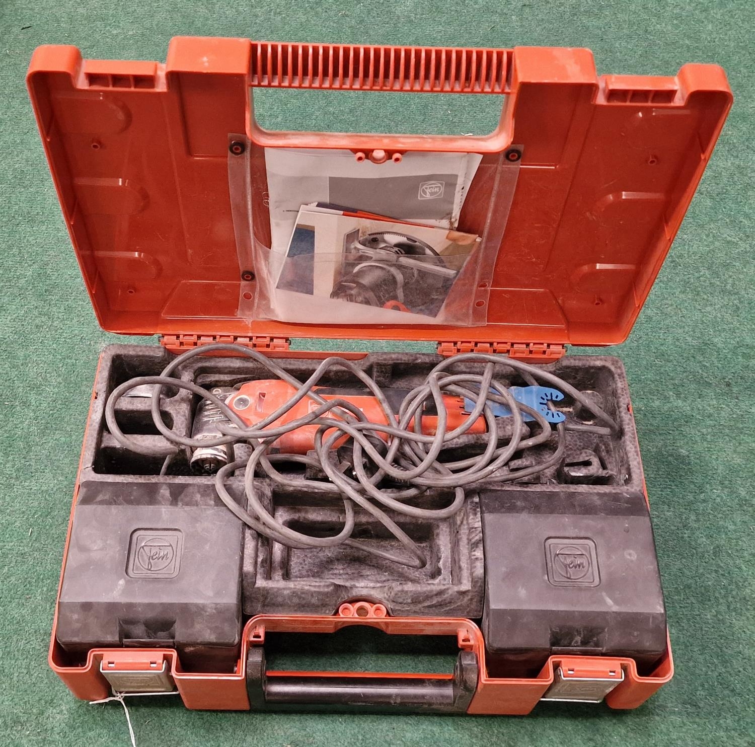 FEIN MultiMaster MultiTool Running on 240 volts and comes in carry case. Powered up when plugged in.
