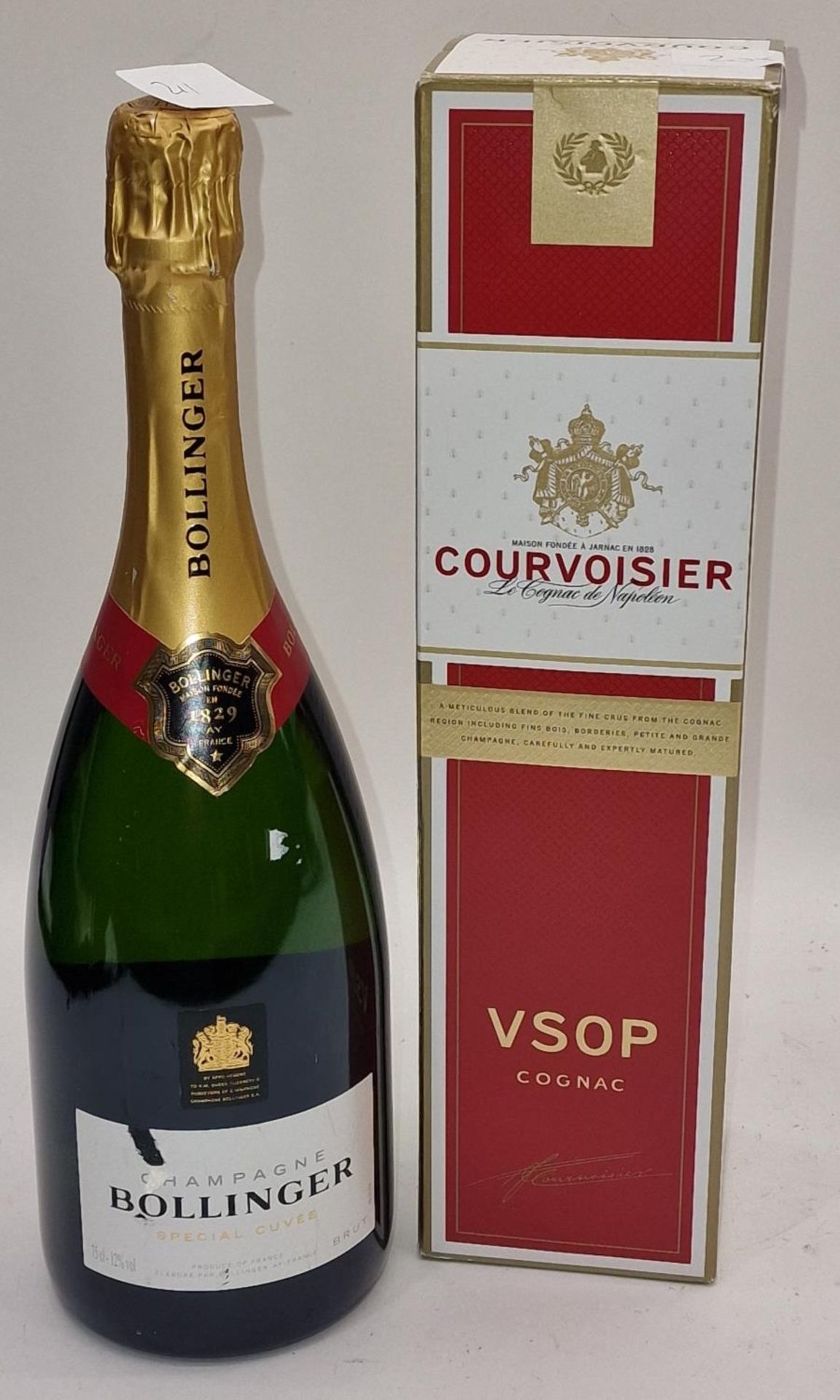 2 x bottles alcohol boxed Courvoisier VSOP cognac, Bollinger champagne ref 205, 21