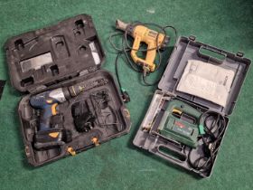 Bosch cased jigsaw together with a Macallister drill and a De Walt heat gun.