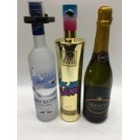 3 x bottles alcohol Grey Goose Vodka, AU Vodka, Prosseco ref 28, 31