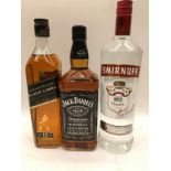 3 x bottles of alcohol 1ltr vodka, 1ltr Jack Daniels together another ref 227, 194, 210