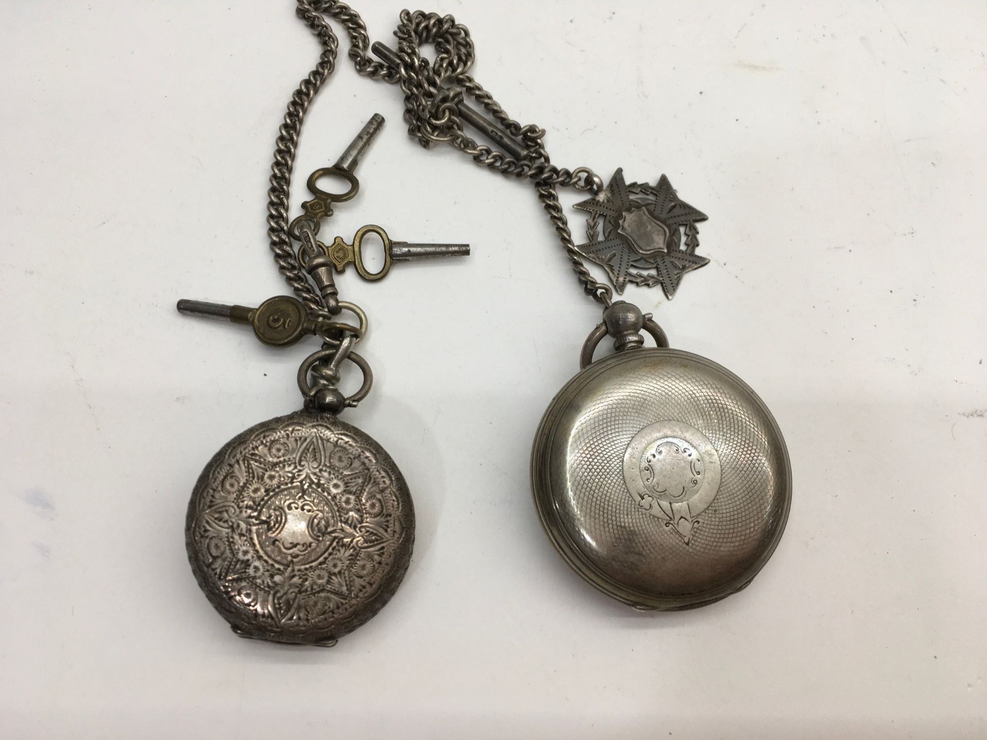 2 x silver pocket watches watch chain and fob - Image 2 of 2