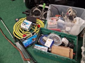 A large collection of miscellaneous tools - electrical fittings and leads - garden hose and other