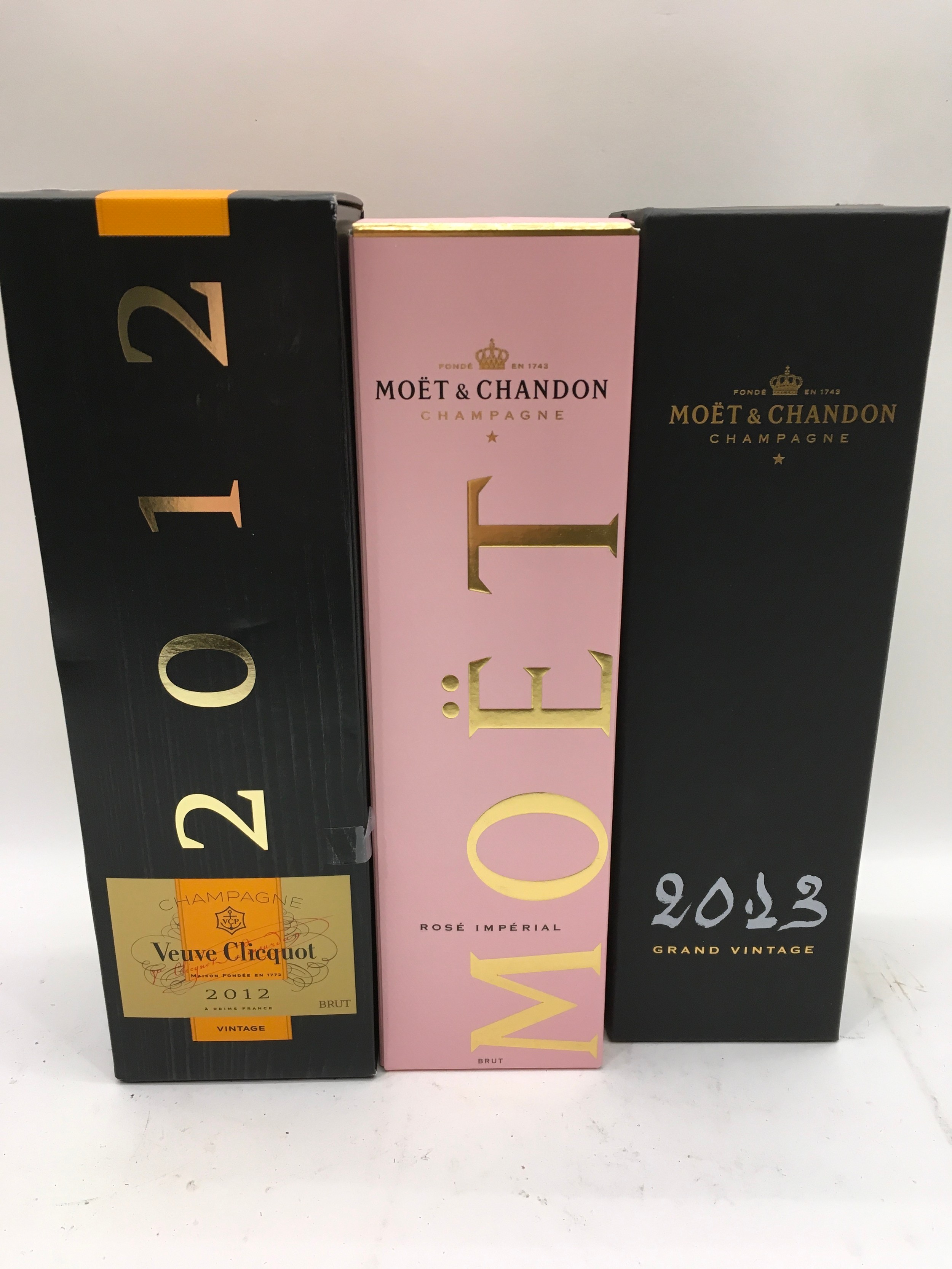 3 x bottles Champagne Verve Cliquot 2012, Moet Rose, Moet Grand Vintage 2013 ref 212,213,214