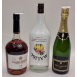 3 x bottles alcohol 1ltr Courvoiser VS cognac, 1.5ltr Malibu, bottle Champagne ref 101, 206