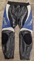 Targa Black/Blue/White leather motorcycle trousers waist size 34 (REF 20).