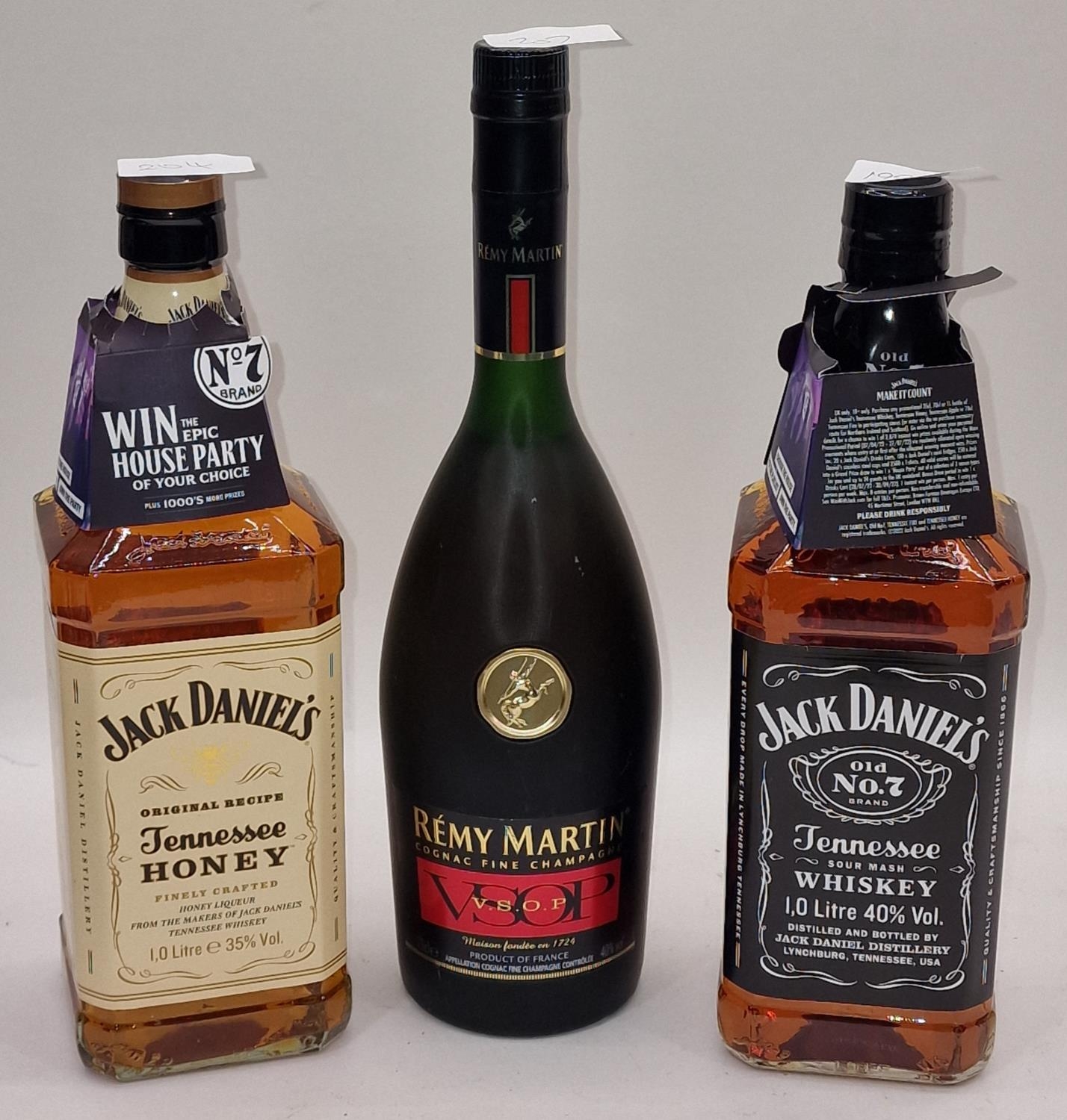 3 x bottles Alcohol to include 1ltr bottle Jack Daniels, Remy Martin VSOP, 1ltr Jack Daniels