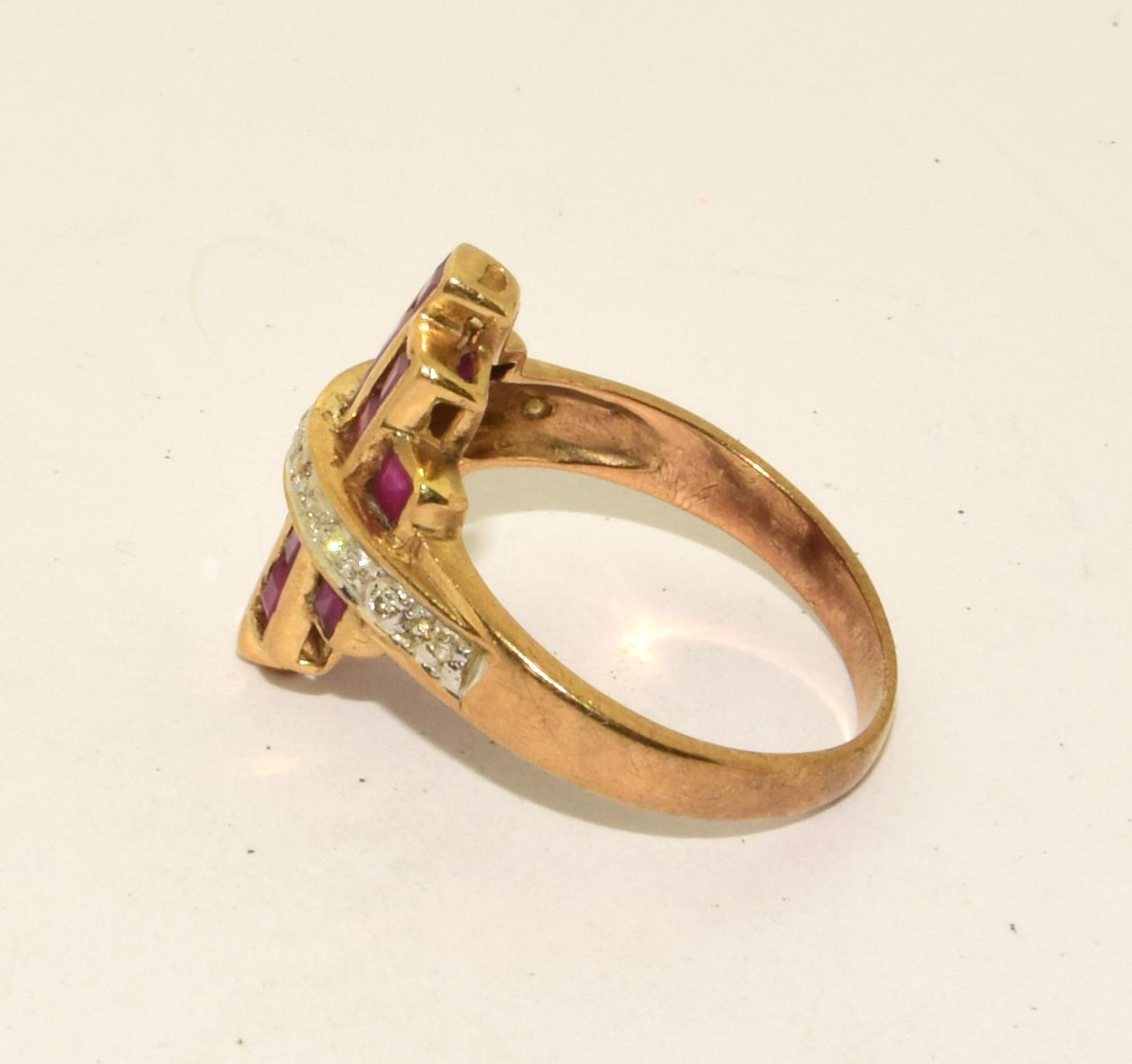 9ct gold art deco design Diamond and Ruby ring size N ref 65 - Image 2 of 5