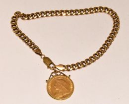 9ct gold flat link bracelet together a gold mounted half sovereign gold coin ref 57