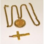 Gold neck chain together a 15ct gold cross and a gold mounted coin ref 36