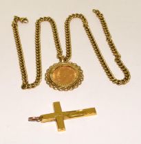 Gold neck chain together a 15ct gold cross and a gold mounted coin ref 36
