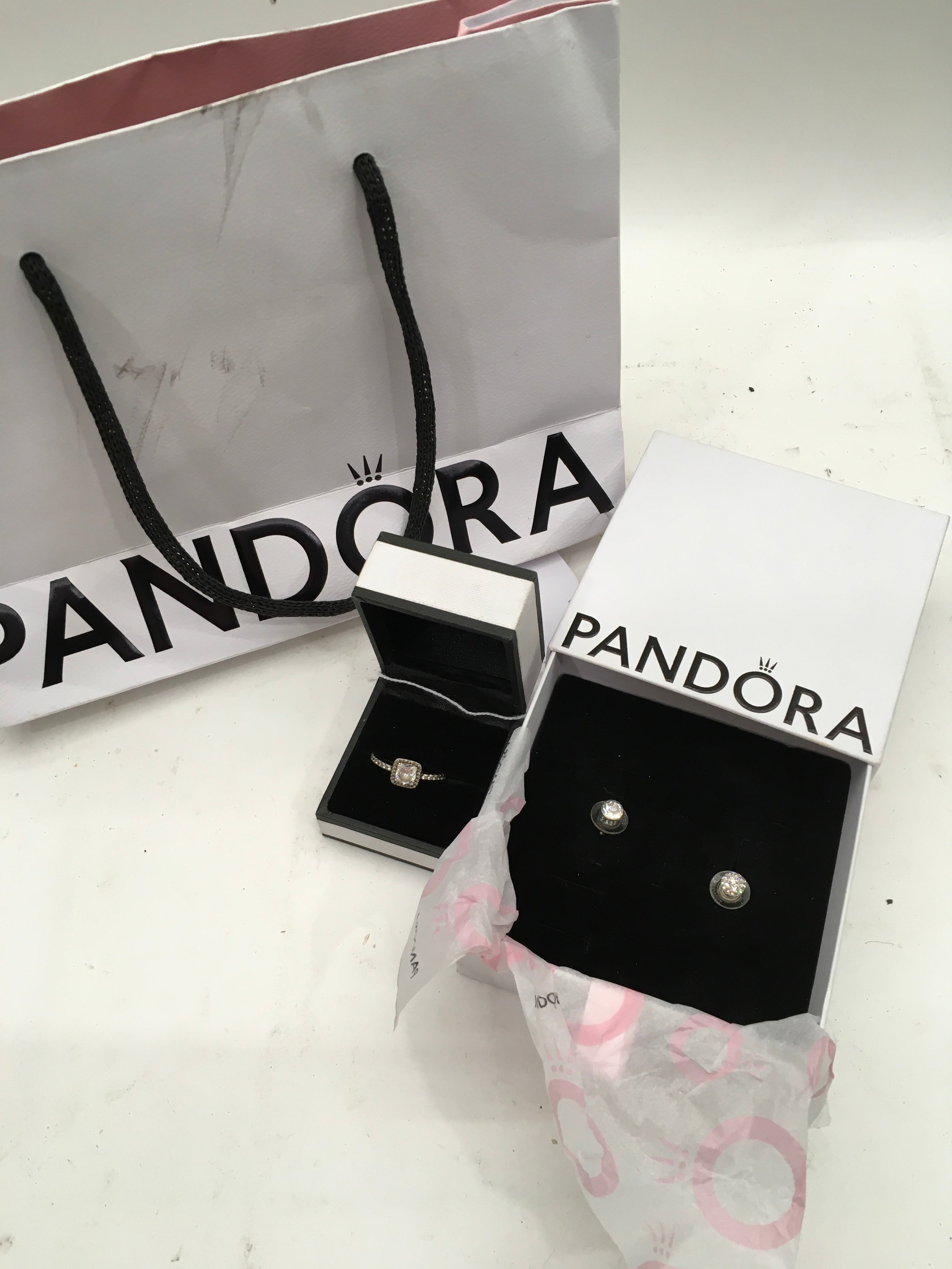 Pandora ALE 925 silver ring and two earrings (not Pandora) with boxes and bag ref 53, 186