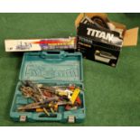 Plastic Makita case containing a quantity of hand tools together with a Titan boxed wallpaper