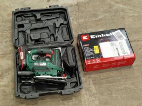 Einhell boxed jigsaw together with a Parkside cordless jigsaw kit cased with spare battery and