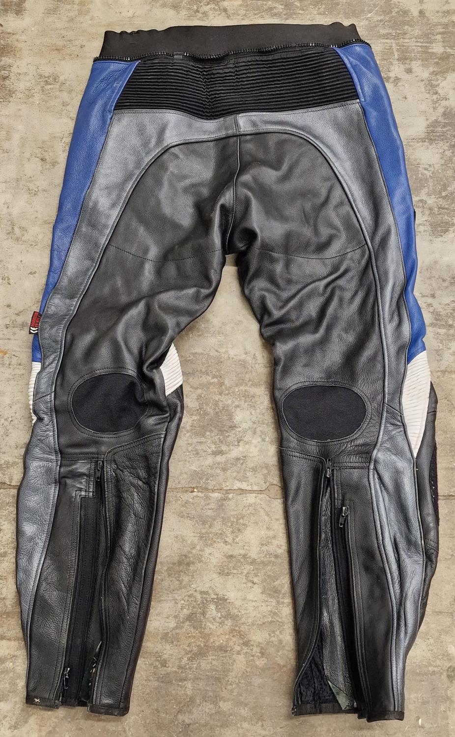 Targa Black/Blue/White leather motorcycle trousers waist size 34 (REF 20). - Image 2 of 2