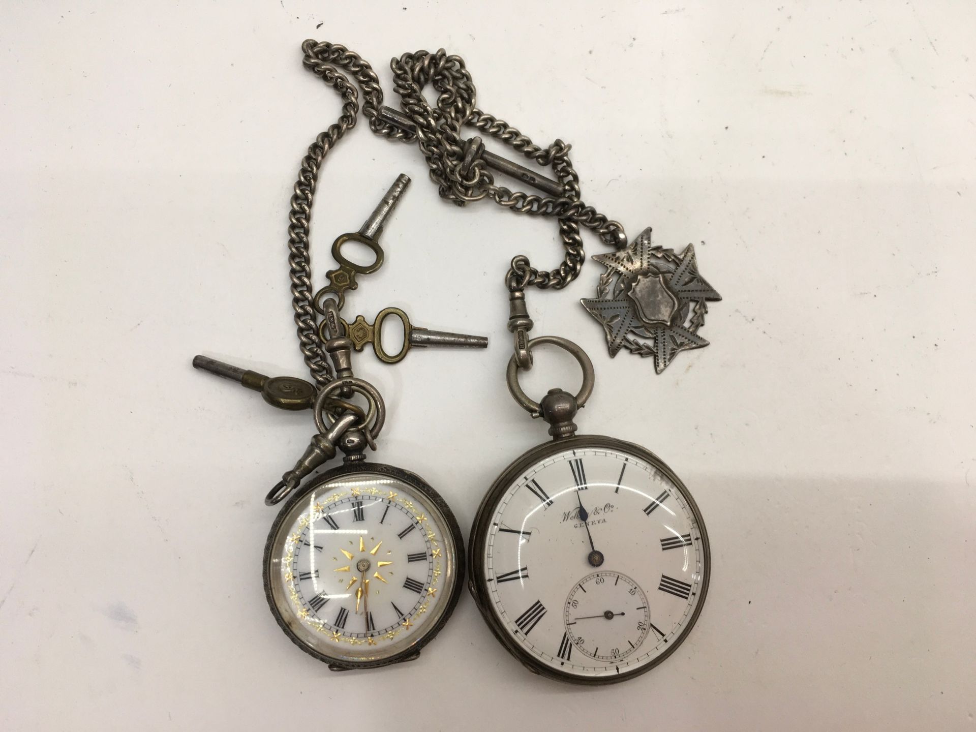 2 x silver pocket watches watch chain and fob