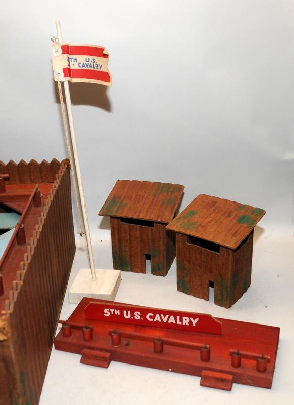 Vintage large wooden Fort Apache cowboy fort c/w buildings and a few plastic toy cowboys. O/all size - Image 2 of 5