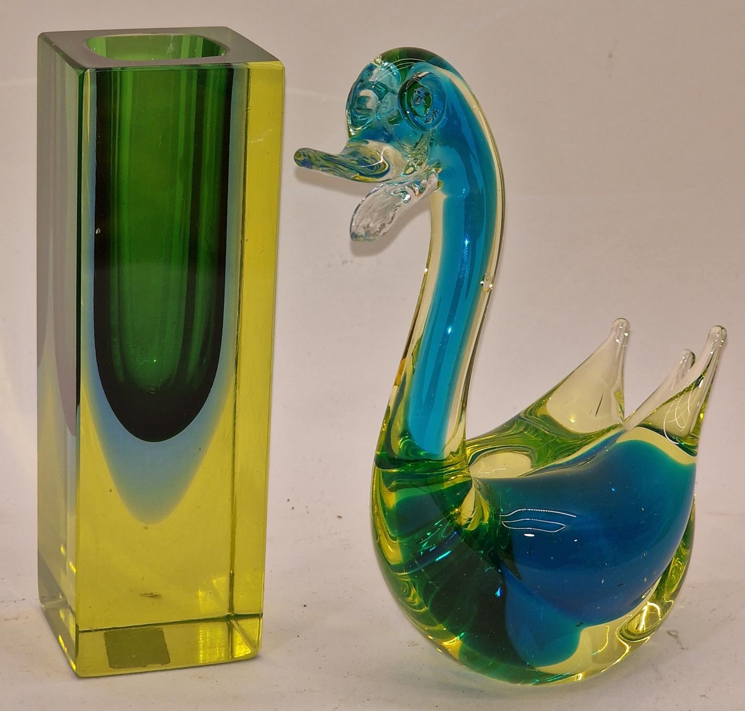 Murano Sommerso 1960's vintage block glass vase in green and blue 12cm tall together with a Murano