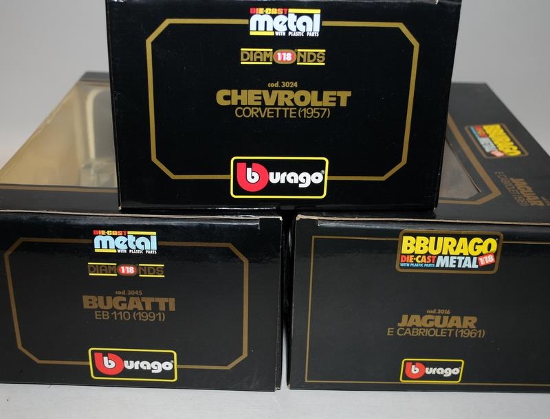 Bburago 1:18 scale die-cast metal models Jaguar, Chevrolet and Bugatti. 3 in lot, all boxed - Image 2 of 2