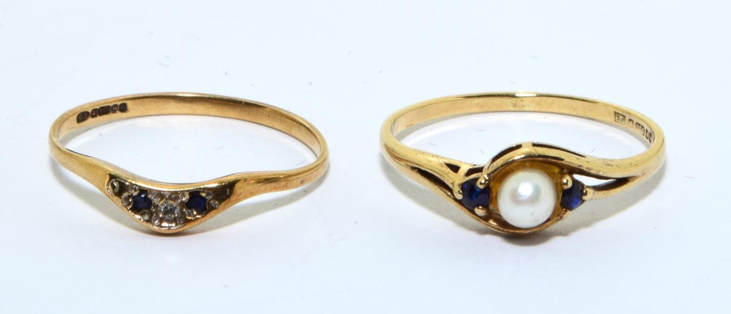 2 x 9ct gold rings a Diamond and Sapphire together a Pearl ring size N - Image 5 of 5