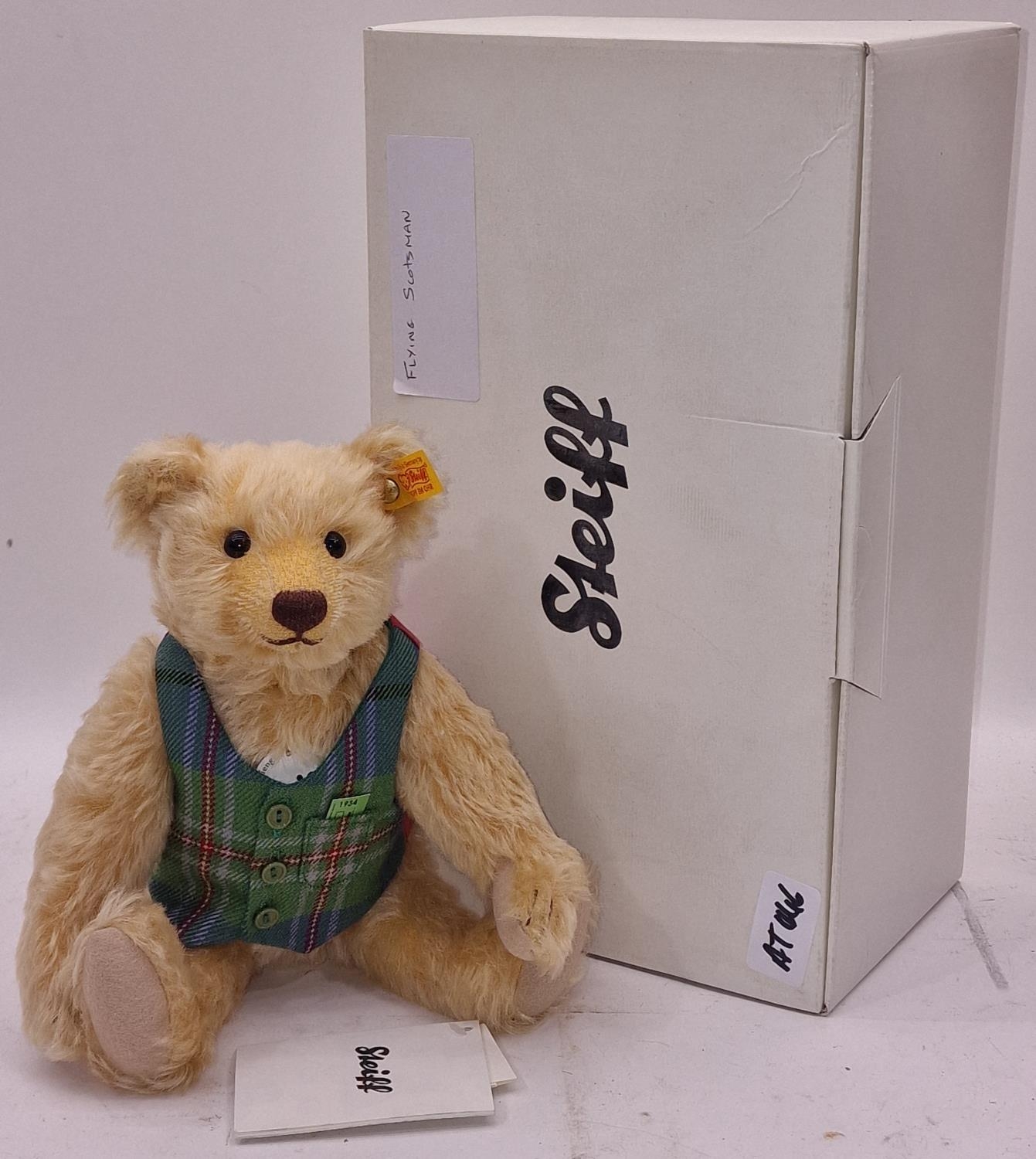 Steiff Danbury Mint Flying Scotsman teddy bear boxed with certificate.