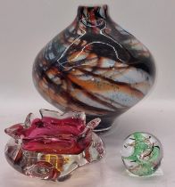 Vintage mid 20th century Czech glass bowl together with a glass bulbous shape vase and a paperweight