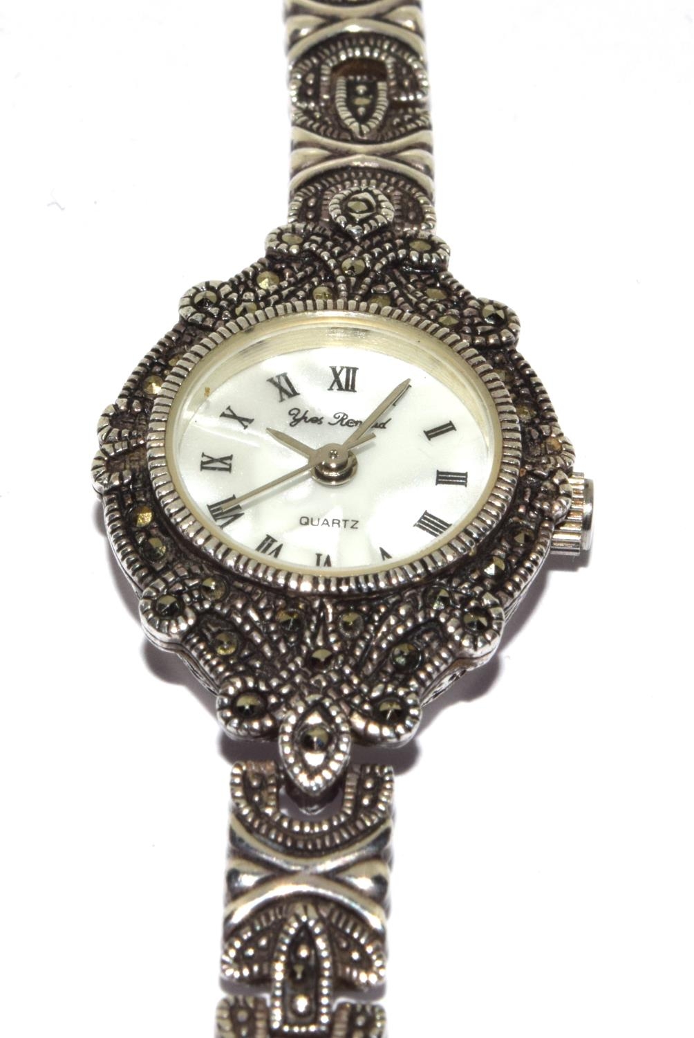 Yves Renaud 925 silver marcasite quarts watch working when catalogued - Image 2 of 5