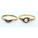 2 x 9ct gold rings a Diamond and Sapphire together a Pearl ring size N