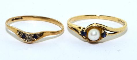 2 x 9ct gold rings a Diamond and Sapphire together a Pearl ring size N