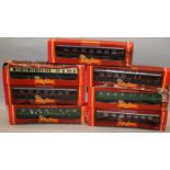 Hornby OO gauge, 7 x boxed carriages, boxes having suffered water damage