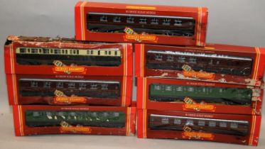 Hornby OO gauge, 7 x boxed carriages, boxes having suffered water damage