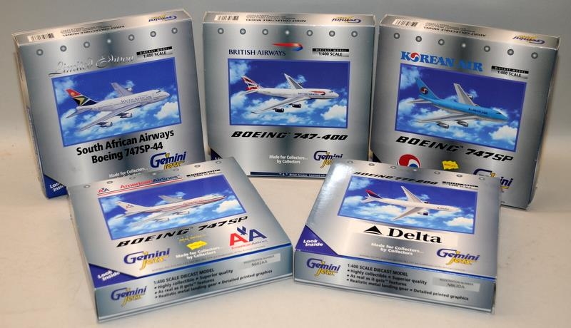 Gemini Jets 1:400 scale die-cast model aircraft. 6 models in lot in 5 sets, all boxed