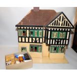 Vintage large dolls house, wired up with lighting (untested) c/w a quantity of dolls house furniture