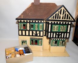 Vintage large dolls house, wired up with lighting (untested) c/w a quantity of dolls house furniture