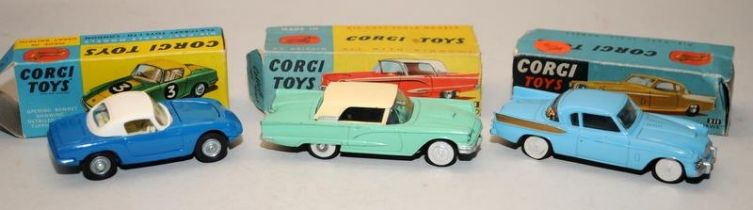 Corgi Toys die-cast Studebaker - Golden Hawk No.211, Ford Thunderbird No.214 and Lotus Elan Coupe