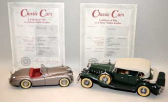 Danbury Mint 1:24 scale 1949 Jaguar XK-120 Roadster with box and certificate c/w 1932 Cadillac V-