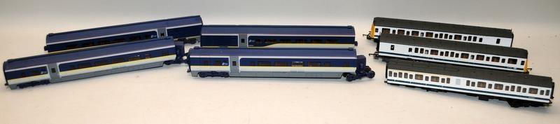 Hornby OO gauge rake of four Eurostar Coaches c/w Lima OO gauge BR white with blue stripe Power