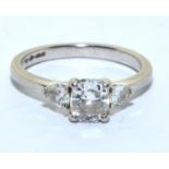 Platinum Diamond ring of approx 0.50ct cushion cut center stone with two pair shape cut diamonds ,