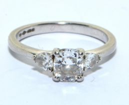 Platinum Diamond ring of approx 0.50ct cushion cut center stone with two pair shape cut diamonds ,