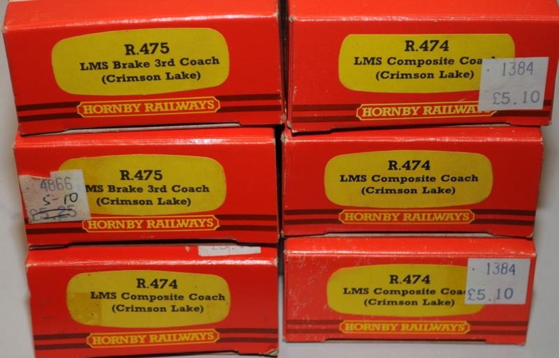 Hornby OO gauge LMS Crimson Lake Livery Carriages, R474 x 4 and R475 x 2. 6 in lot, all boxed - Image 2 of 2