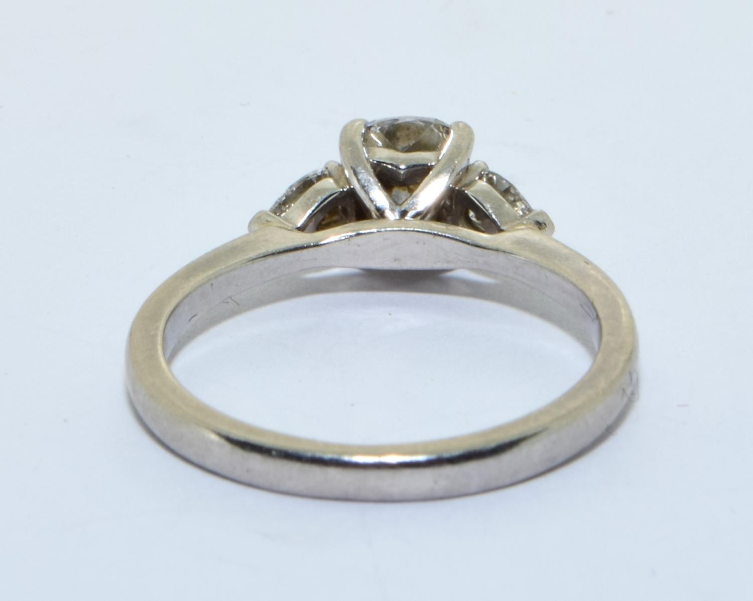 Platinum Diamond ring of approx 0.50ct cushion cut center stone with two pair shape cut diamonds , - Image 3 of 5