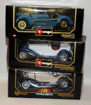 Bburago 1:18 scale die-cast metal models Alfa, Mercedes and Bugatti. 3 in lot, all boxed
