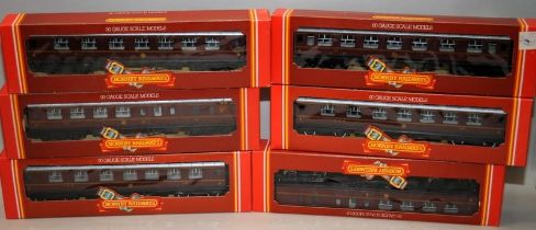 Hornby OO gauge LMS Crimson Lake Livery Carriages, R474 x 4 and R475 x 2. 6 in lot, all boxed