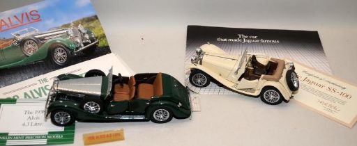Franklin Mint 1:24 Scale Jaguar SS-100 sports car with box and papers c/w 1938 Alvis 4.3 Litre, also
